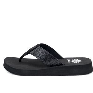 BLACK LOW WEDGE SLIP-ON THONG SANDALS